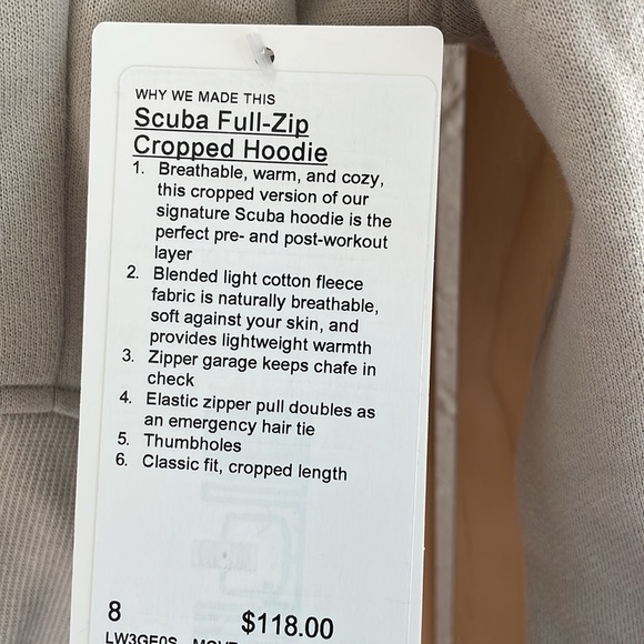 NWT LULULEMON SCUBA FULL-ZIP CROPPED HOODIE MOJAVE TAN SIZE 8 JACKET - Picture 3 of 6